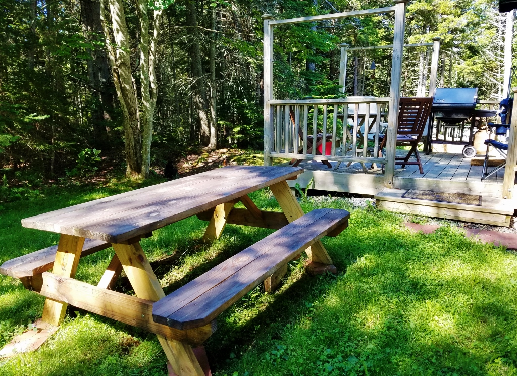 Picnic table and deck in the shaded back yard at Tide Walk